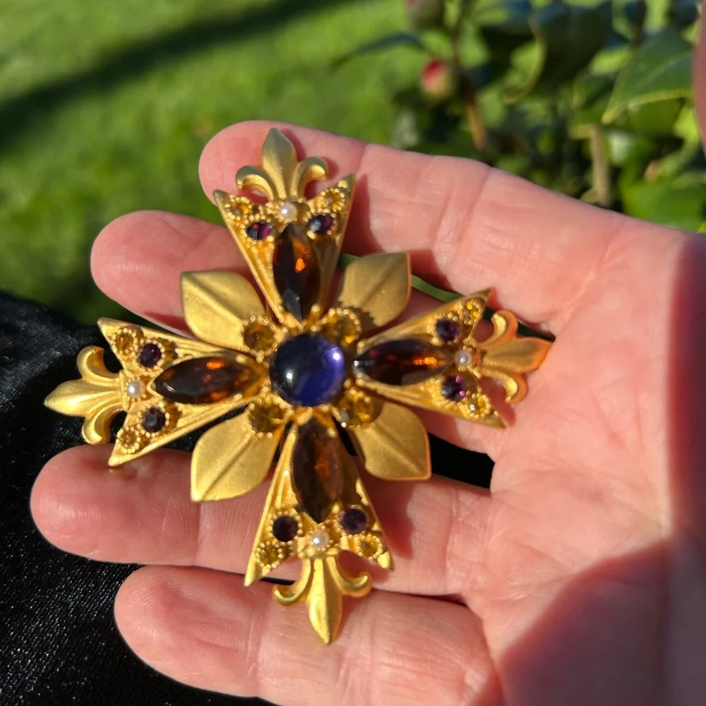 Maltese Cross with Fleur de Lis Brooch Rhinestone Purple Brown Gold Signed